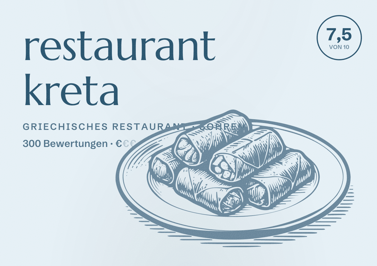 Illustriertes Poster von restaurant kreta, Griechisches Restaurant in Sohren: Bewertung 7,5 von 10 aus 300 Bewertungen, Preisniveau €