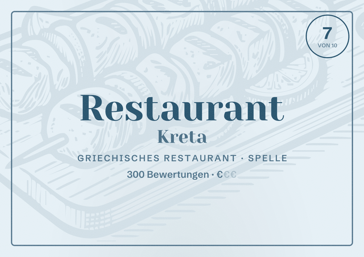 Illustriertes Poster von Restaurant Kreta, Griechisches Restaurant in Spelle: Bewertung 7 von 10 aus 300 Bewertungen, Preisniveau €