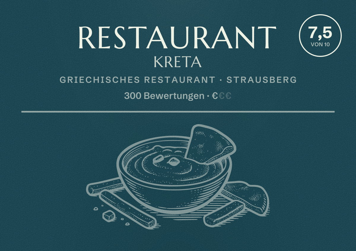 Illustriertes Poster von Restaurant Kreta, Griechisches Restaurant in Strausberg: Bewertung 7,5 von 10 aus 300 Bewertungen, Preisniveau €