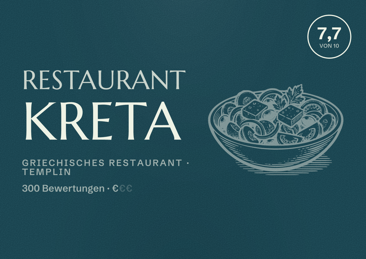 Illustriertes Poster von Restaurant Kreta, Griechisches Restaurant in Templin: Bewertung 7,7 von 10 aus 300 Bewertungen, Preisniveau €