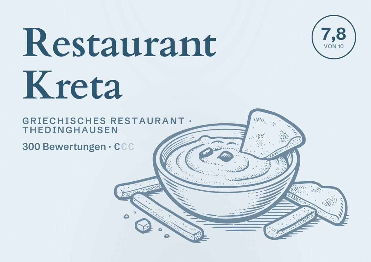 Illustriertes Poster von Restaurant Kreta, Griechisches Restaurant in Thedinghausen: Bewertung 7,8 von 10 aus 300 Bewertungen, Preisniveau €