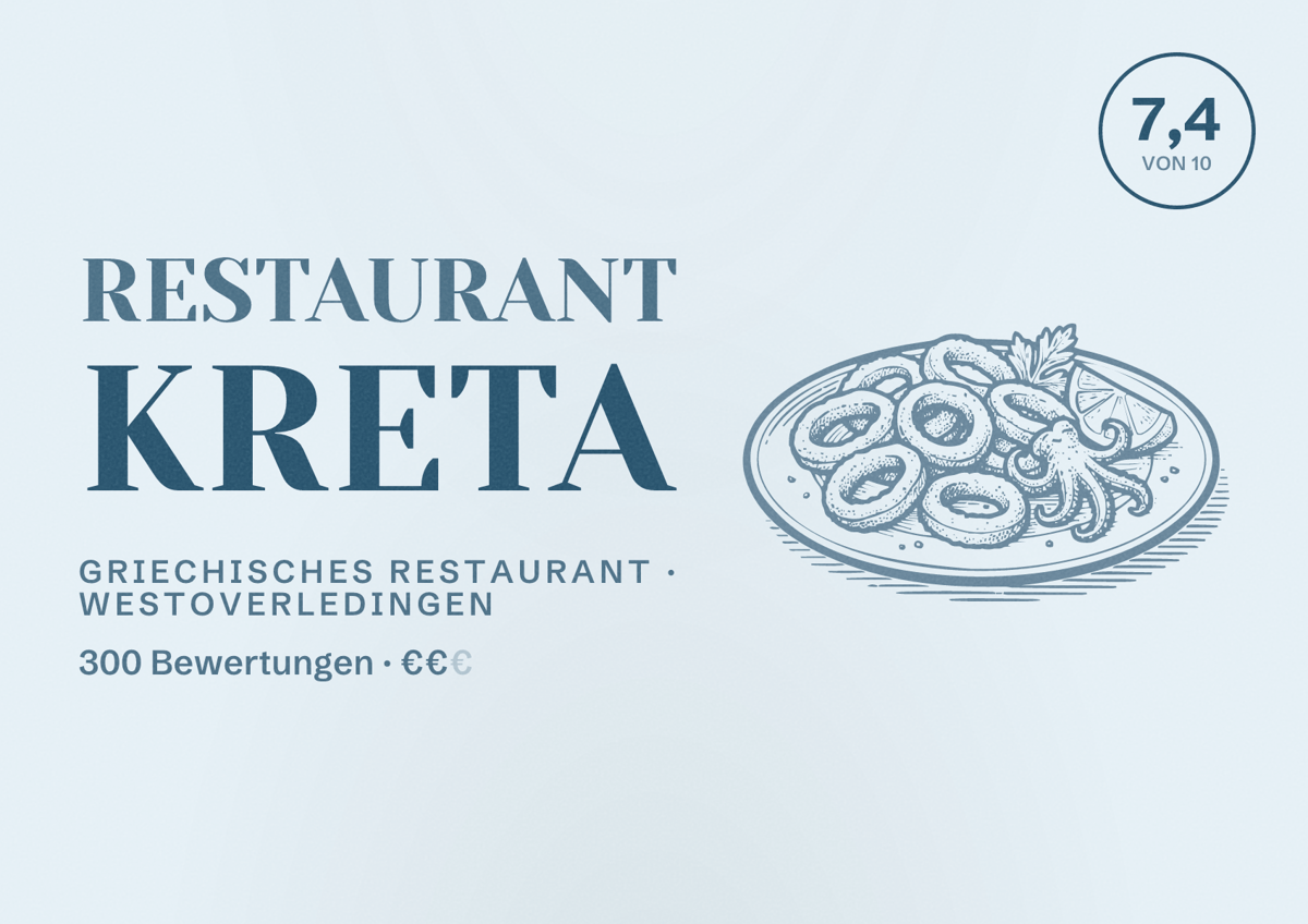 Illustriertes Poster von Restaurant Kreta, Griechisches Restaurant in Westoverledingen: Bewertung 7,4 von 10 aus 300 Bewertungen, Preisniveau €€