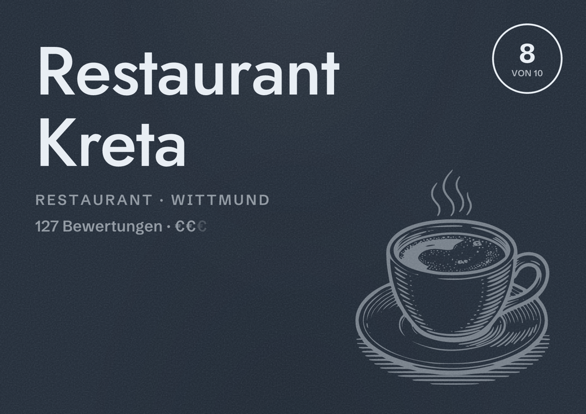 Illustriertes Poster von Restaurant Kreta, Restaurant in Wittmund: Bewertung 8 von 10 aus 127 Bewertungen, Preisniveau €€