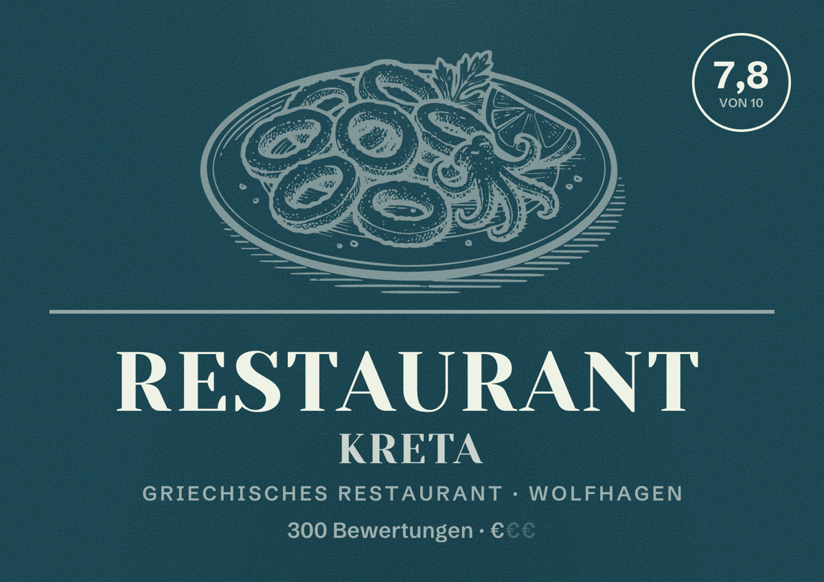 Illustriertes Poster von Restaurant Kreta, Griechisches Restaurant in Wolfhagen: Bewertung 7,8 von 10 aus 300 Bewertungen, Preisniveau €