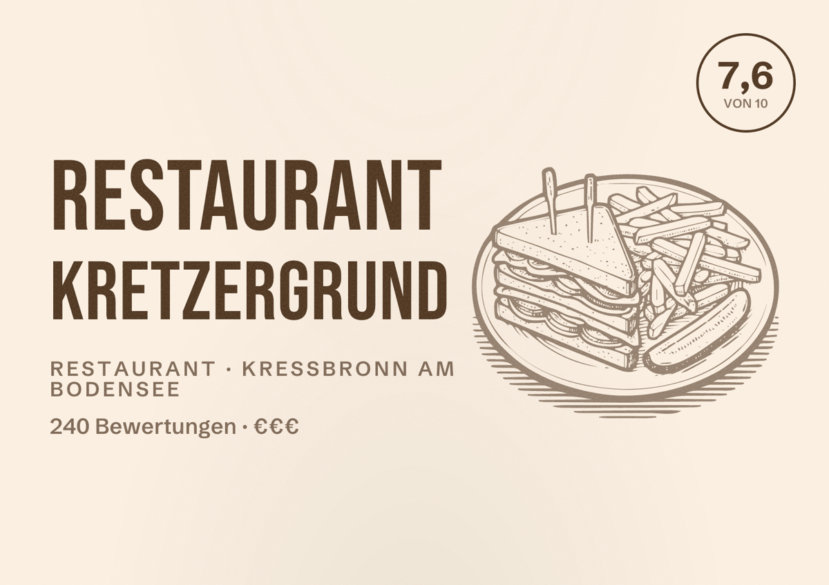 Illustriertes Poster von Restaurant Kretzergrund, Restaurant in Kressbronn am Bodensee: Bewertung 7,6 von 10 aus 240 Bewertungen, Preisniveau €€€