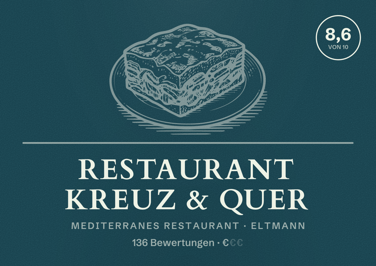 Illustriertes Poster von Restaurant Kreuz & Quer, Mediterranes Restaurant in Eltmann: Bewertung 8,6 von 10 aus 136 Bewertungen, Preisniveau €