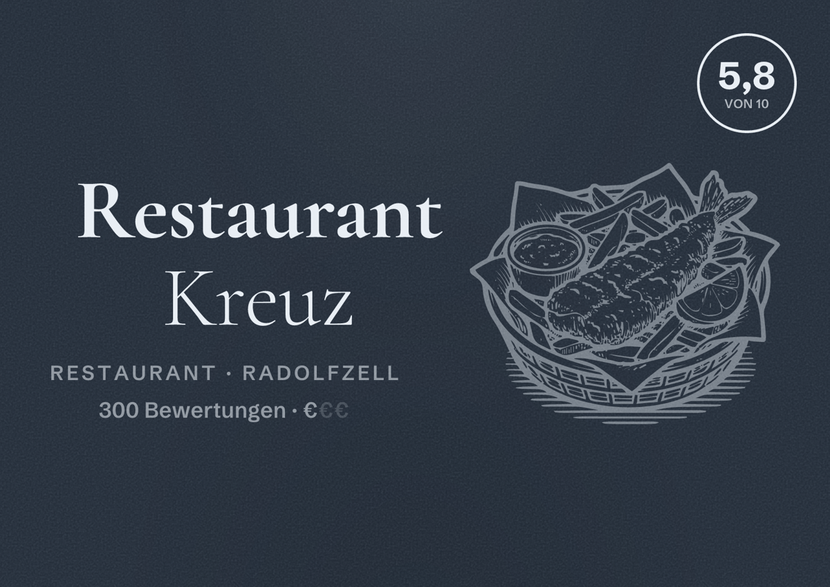 Illustriertes Poster von Restaurant Kreuz, Restaurant in Radolfzell: Bewertung 5,8 von 10 aus 300 Bewertungen, Preisniveau €