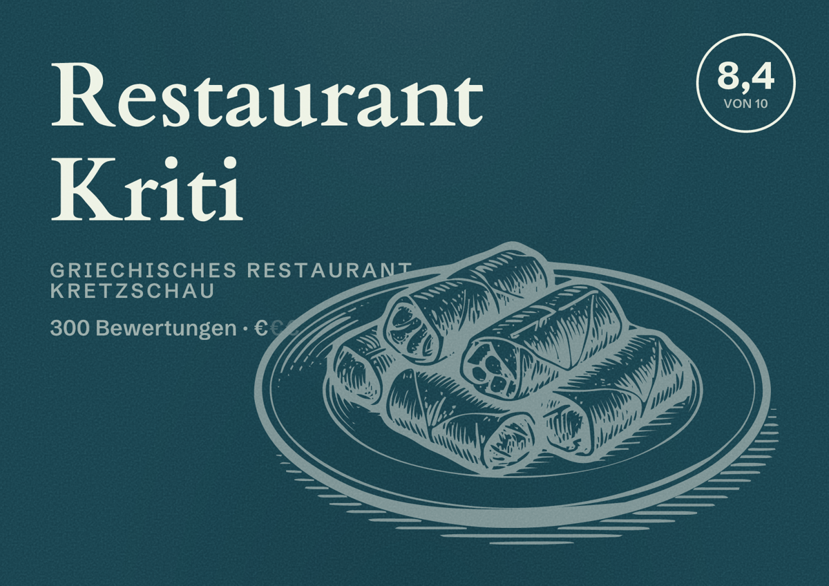 Illustriertes Poster von Restaurant Kriti, Griechisches Restaurant in Kretzschau: Bewertung 8,4 von 10 aus 300 Bewertungen, Preisniveau €