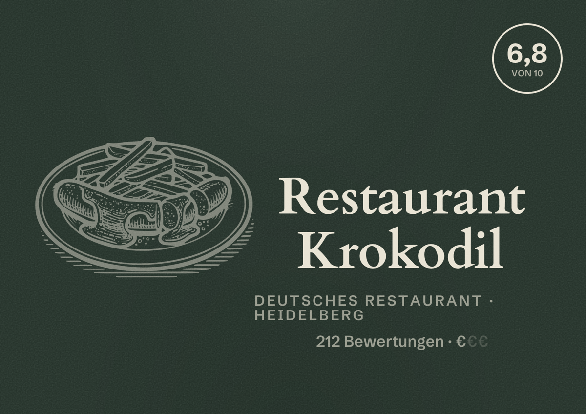 Illustriertes Poster von Restaurant Krokodil, Deutsches Restaurant in Heidelberg: Bewertung 6,8 von 10 aus 212 Bewertungen, Preisniveau €