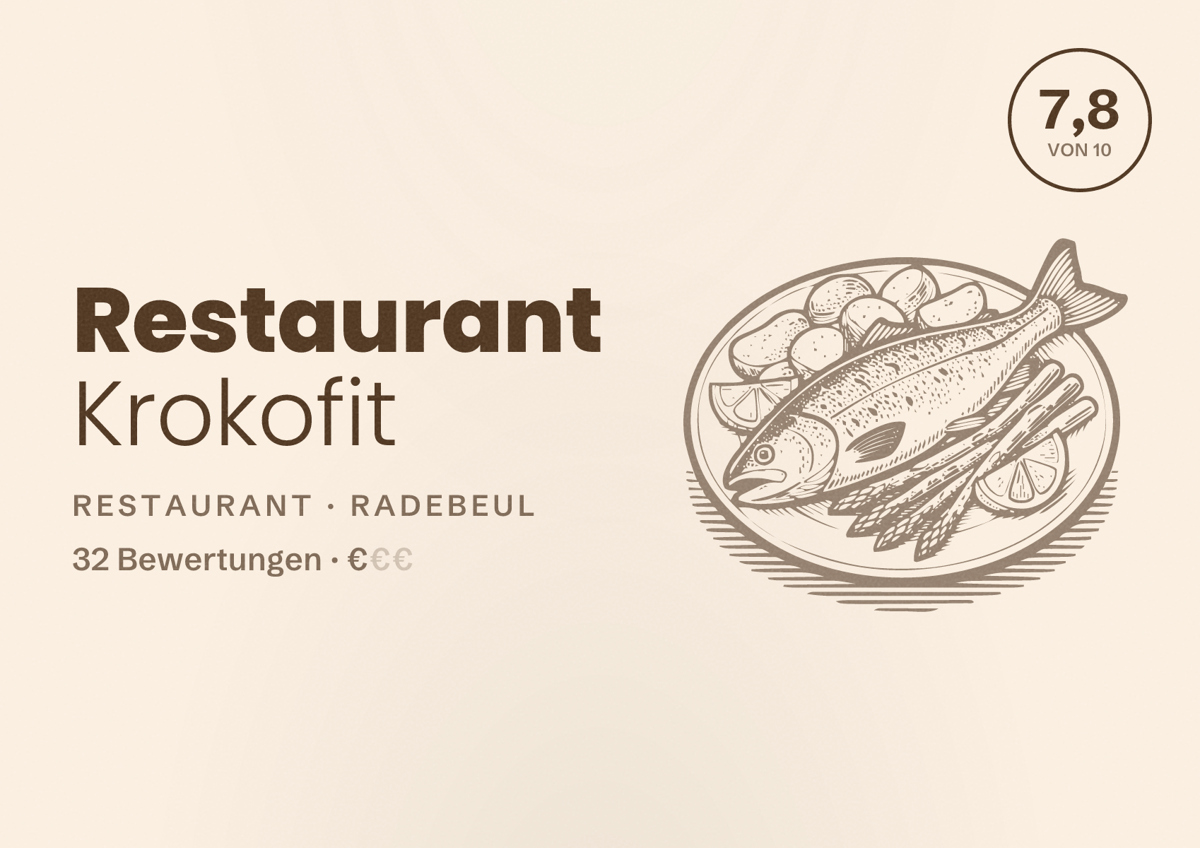 Illustriertes Poster von Restaurant Krokofit, Restaurant in Radebeul: Bewertung 7,8 von 10 aus 32 Bewertungen, Preisniveau €
