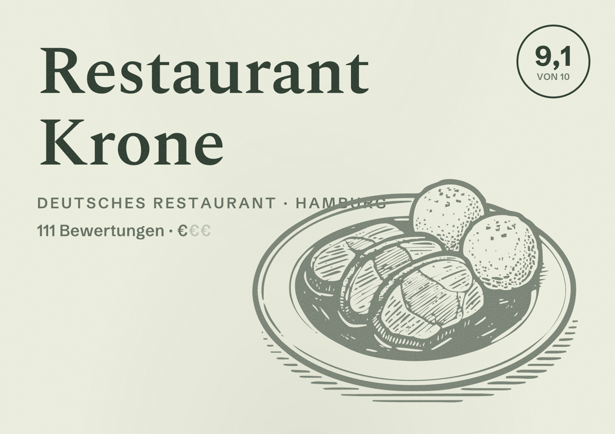 Illustriertes Poster von Restaurant Krone, Deutsches Restaurant in Hamburg: Bewertung 9,1 von 10 aus 111 Bewertungen, Preisniveau €