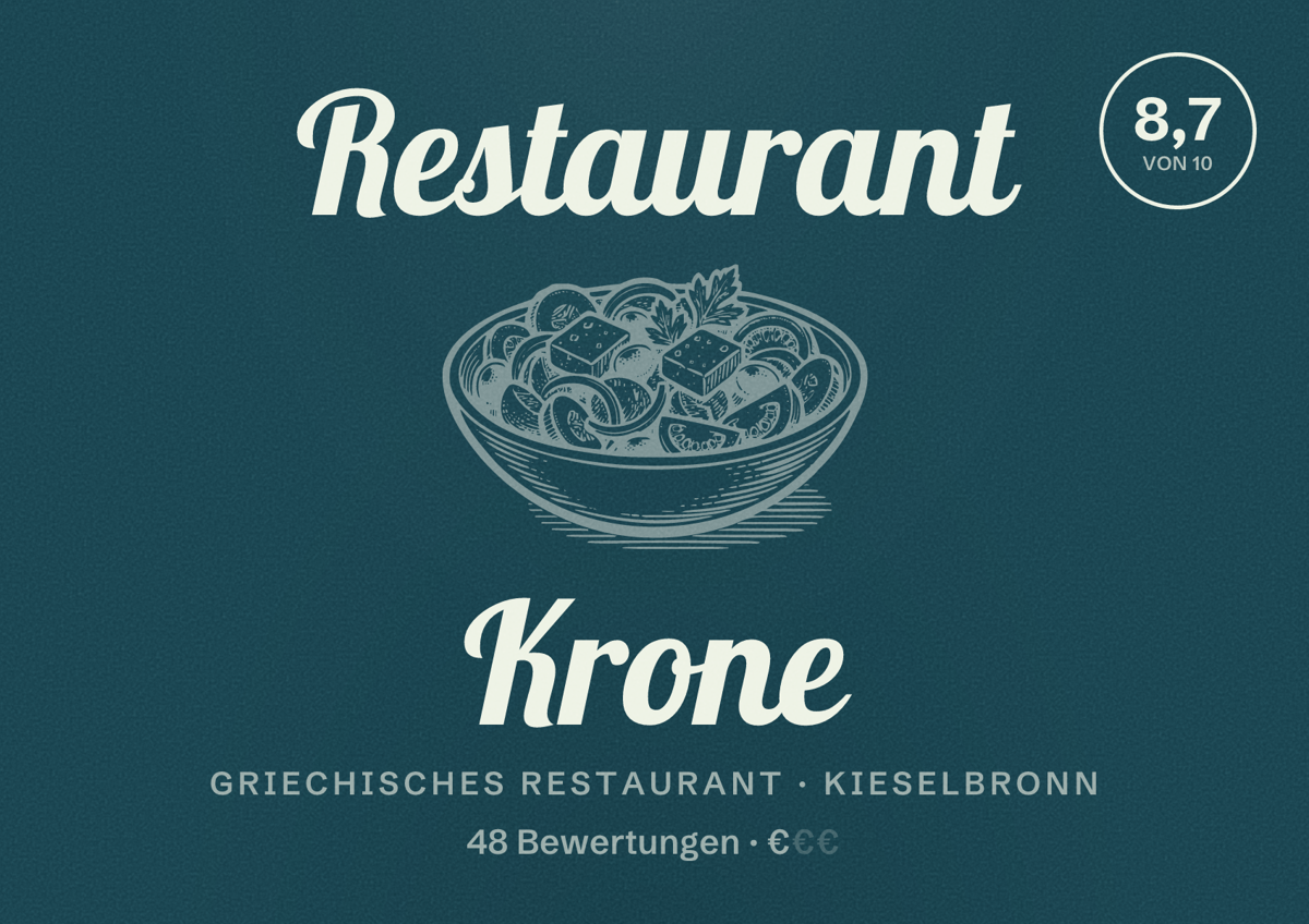 Illustriertes Poster von Restaurant Krone, Griechisches Restaurant in Kieselbronn: Bewertung 8,7 von 10 aus 48 Bewertungen, Preisniveau €