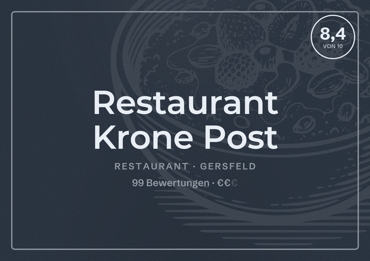 Illustriertes Poster von Restaurant Krone Post, Restaurant in Gersfeld: Bewertung 8,4 von 10 aus 99 Bewertungen, Preisniveau €€