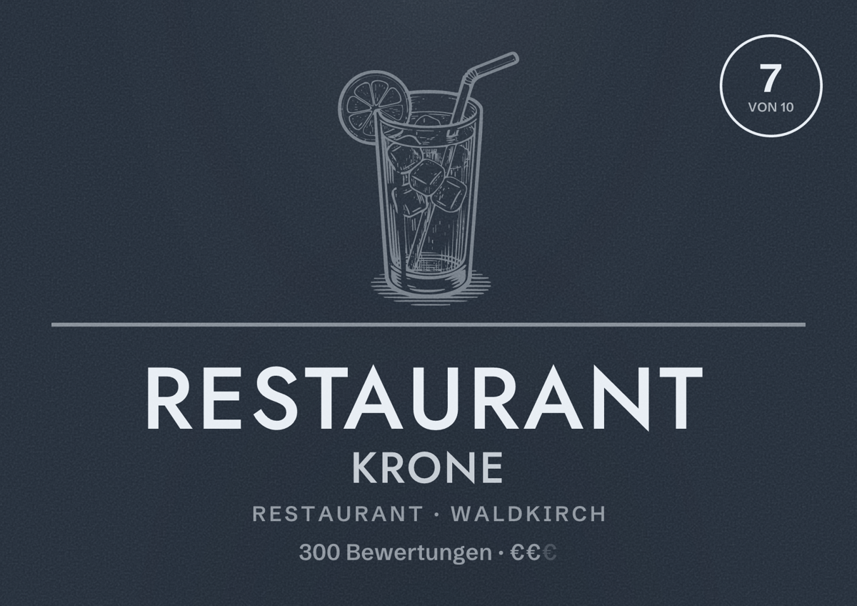 Illustriertes Poster von Restaurant Krone, Restaurant in Waldkirch: Bewertung 7 von 10 aus 300 Bewertungen, Preisniveau €€