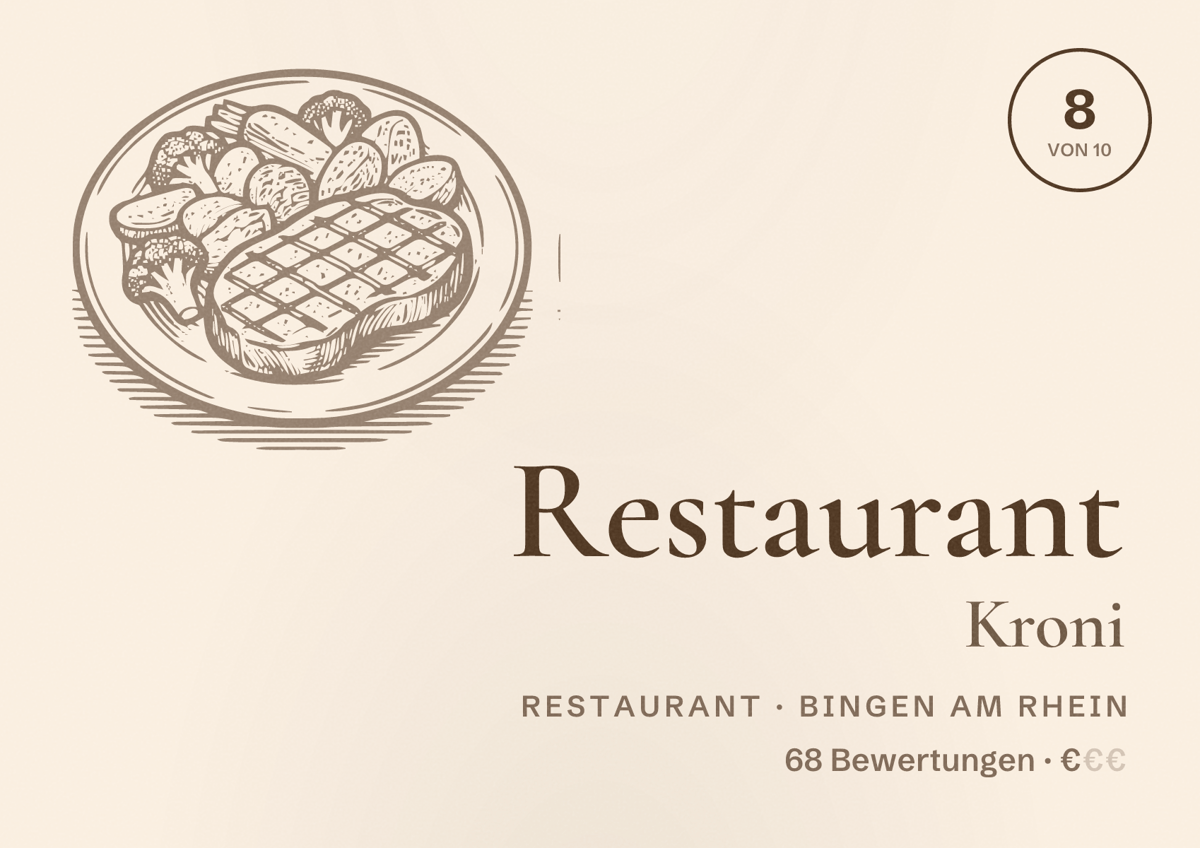 Illustriertes Poster von Restaurant Kroni, Restaurant in Bingen am Rhein: Bewertung 8 von 10 aus 68 Bewertungen, Preisniveau €