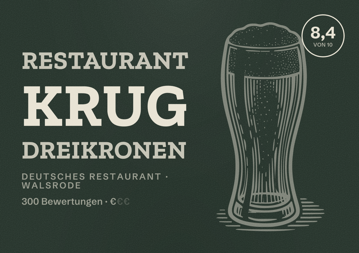 Illustriertes Poster von Restaurant Krug Dreikronen, Deutsches Restaurant in Walsrode: Bewertung 8,4 von 10 aus 300 Bewertungen, Preisniveau €