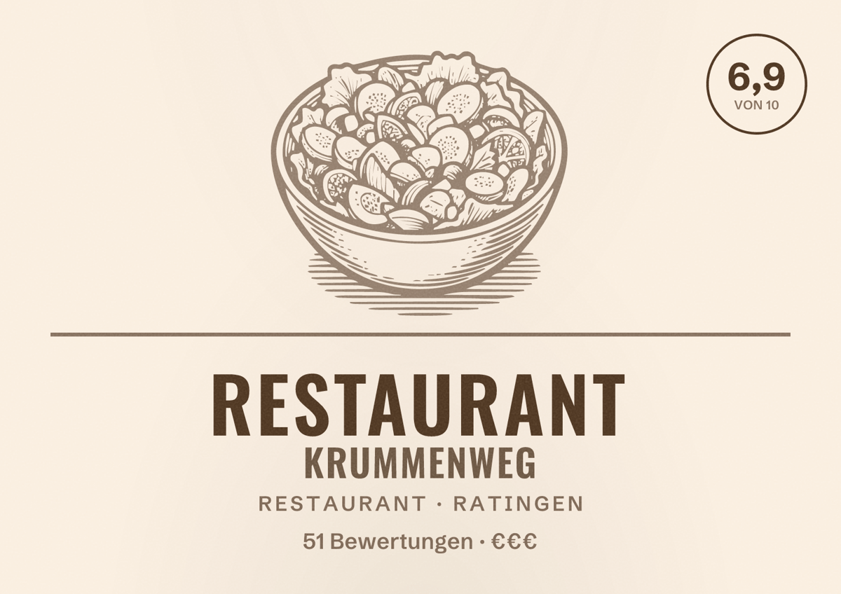 Illustriertes Poster von Restaurant Krummenweg, Restaurant in Ratingen: Bewertung 6,9 von 10 aus 51 Bewertungen, Preisniveau €€€