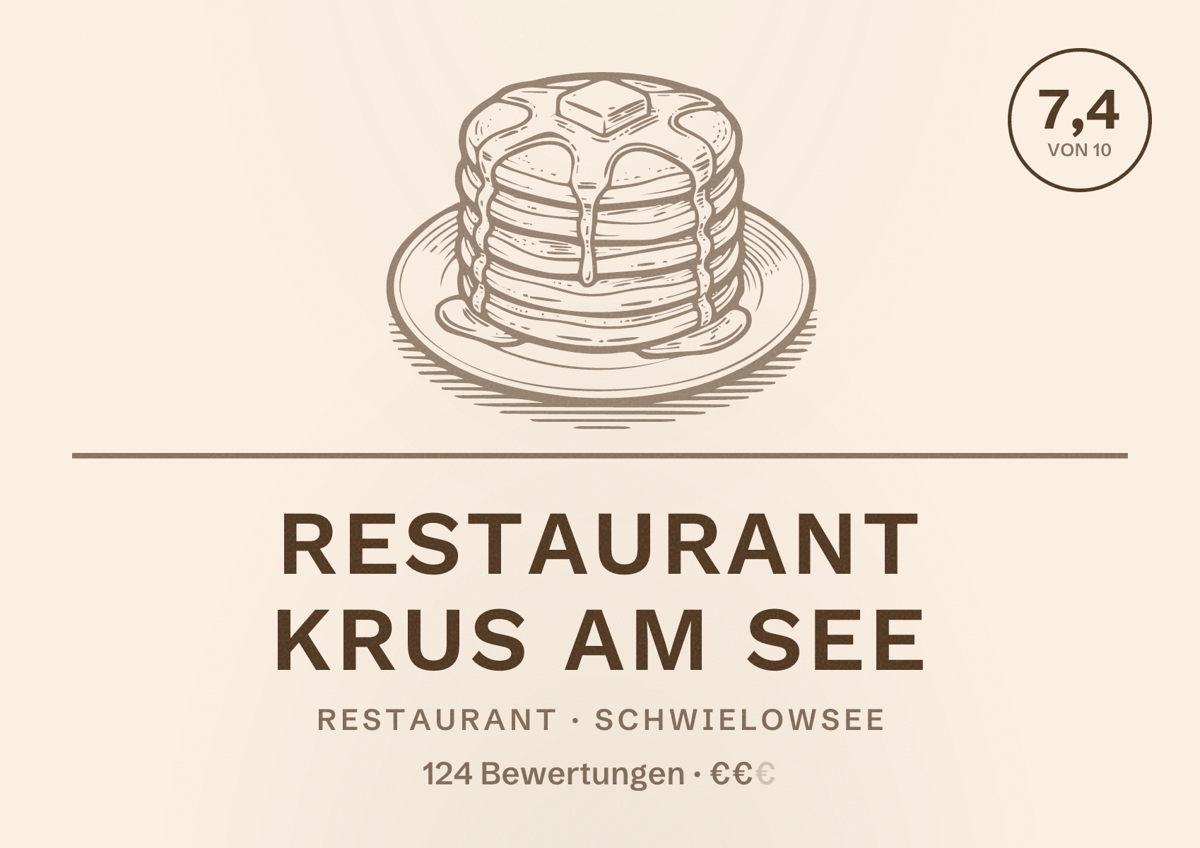Illustriertes Poster von Restaurant Krus am See, Restaurant in Schwielowsee: Bewertung 7,4 von 10 aus 124 Bewertungen, Preisniveau €€
