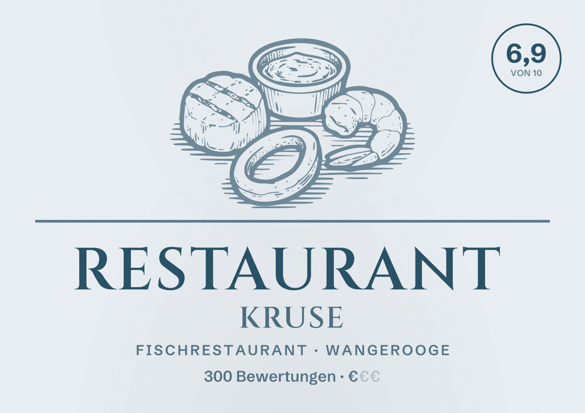 Illustriertes Poster von Restaurant Kruse, Fischrestaurant in Wangerooge: Bewertung 6,9 von 10 aus 300 Bewertungen, Preisniveau €