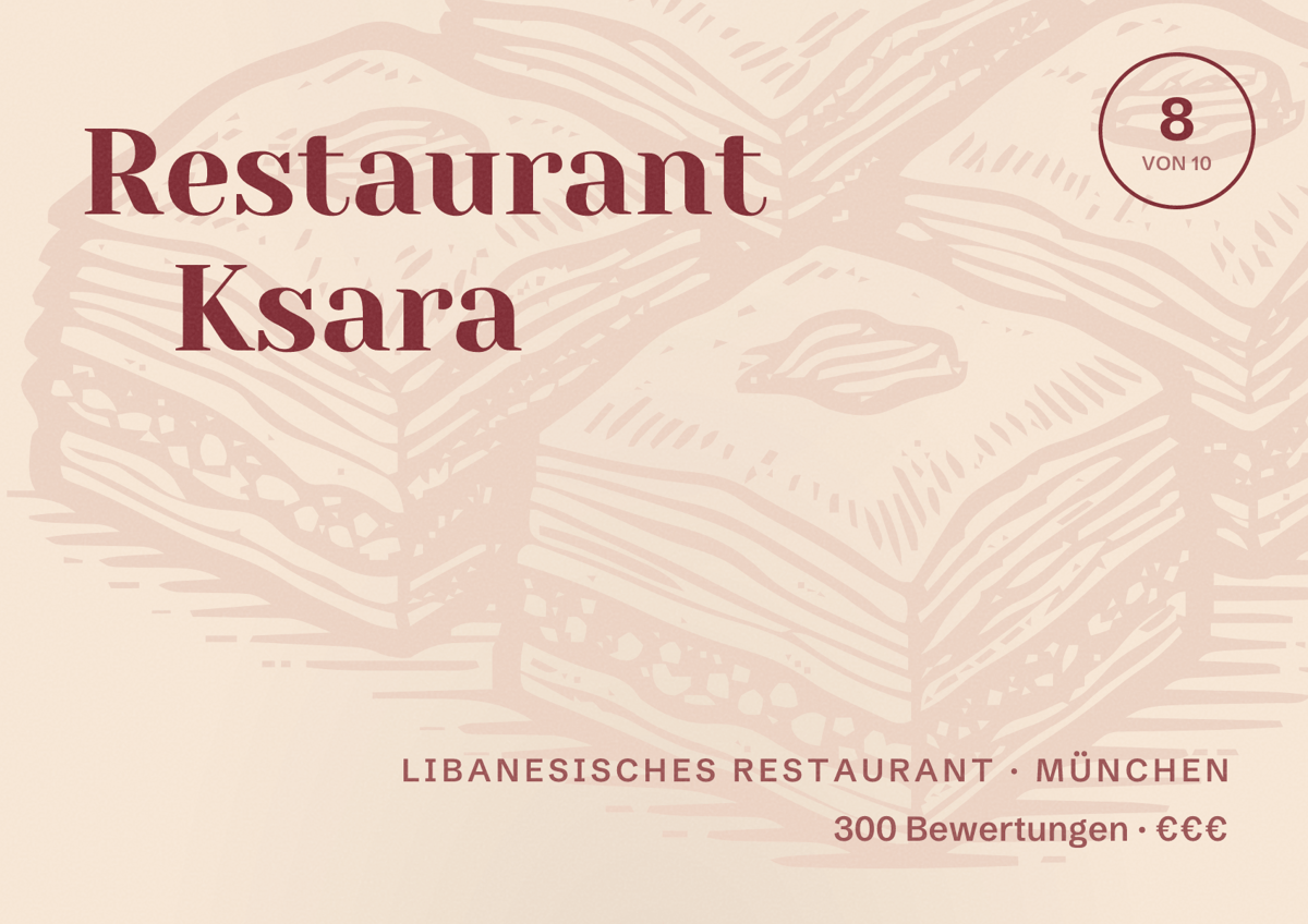 Illustriertes Poster von Restaurant Ksara, Libanesisches Restaurant in München: Bewertung 8,0 von 10 aus 300 Bewertungen, Preisniveau €€€