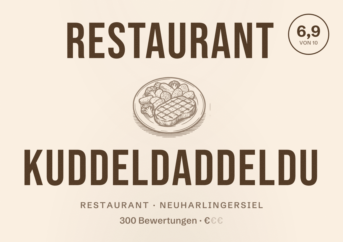 Illustriertes Poster von Restaurant Kuddeldaddeldu, Restaurant in Neuharlingersiel: Bewertung 6,9 von 10 aus 300 Bewertungen, Preisniveau €