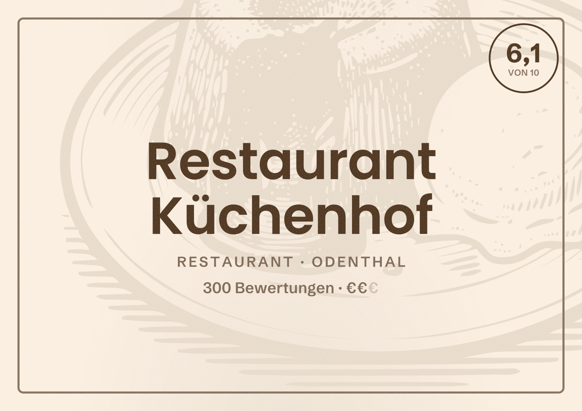 Illustriertes Poster von Restaurant Küchenhof, Restaurant in Odenthal: Bewertung 6,1 von 10 aus 300 Bewertungen, Preisniveau €€