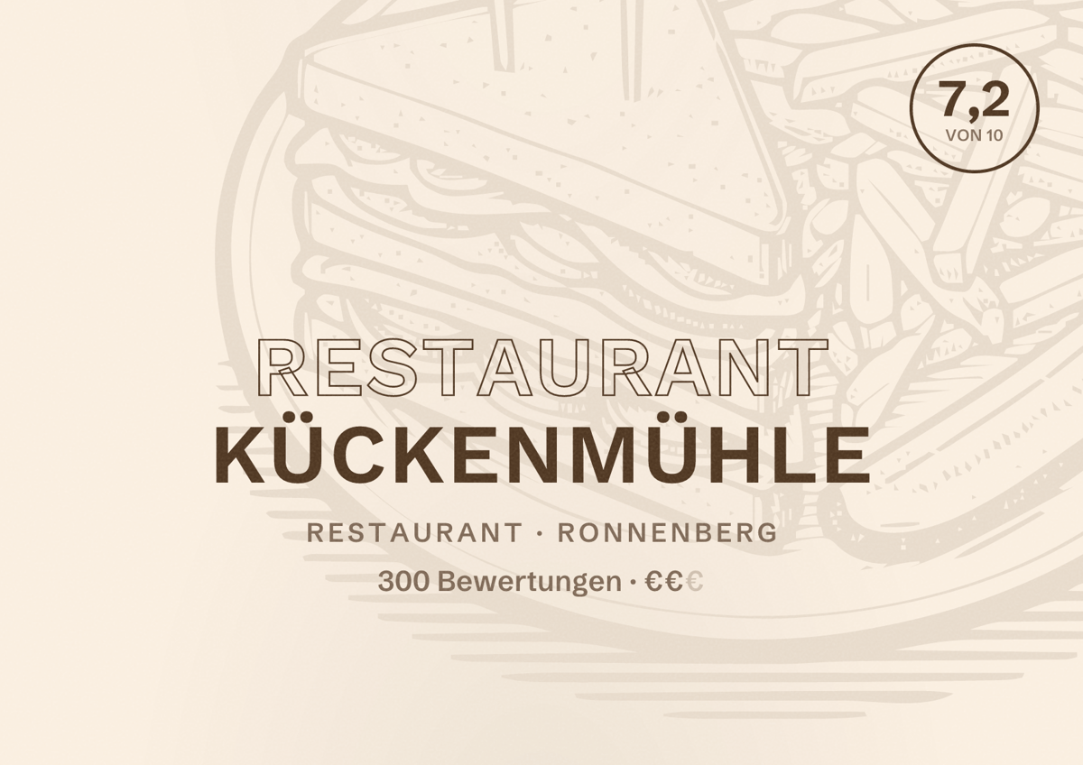 Illustriertes Poster von Restaurant Kückenmühle, Restaurant in Ronnenberg: Bewertung 7,2 von 10 aus 300 Bewertungen, Preisniveau €€
