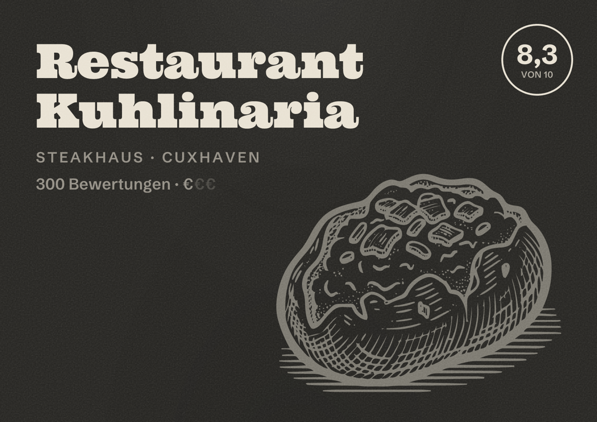 Illustriertes Poster von Restaurant Kuhlinaria, Steakhaus in Cuxhaven: Bewertung 8,3 von 10 aus 300 Bewertungen, Preisniveau €
