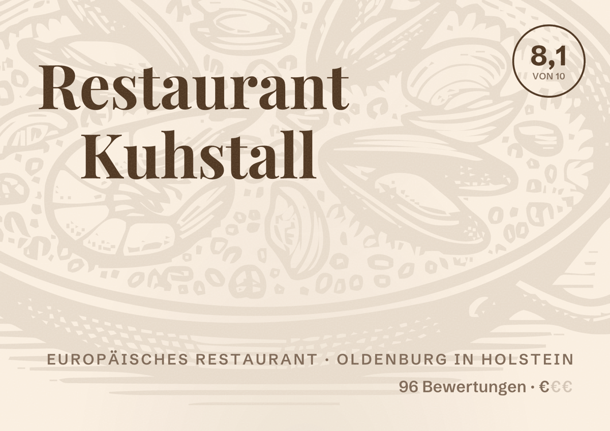 Illustriertes Poster von Restaurant Kuhstall, Europäisches Restaurant in Oldenburg in Holstein: Bewertung 8,1 von 10 aus 96 Bewertungen, Preisniveau €