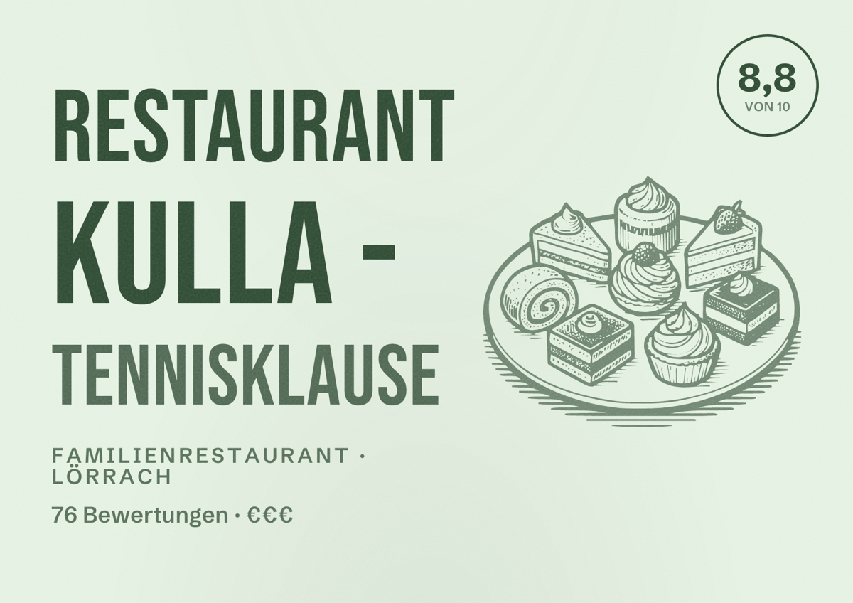 Illustriertes Poster von Restaurant Kulla - Tennisklause, Familienrestaurant in Lörrach: Bewertung 8,8 von 10 aus 76 Bewertungen, Preisniveau €€€