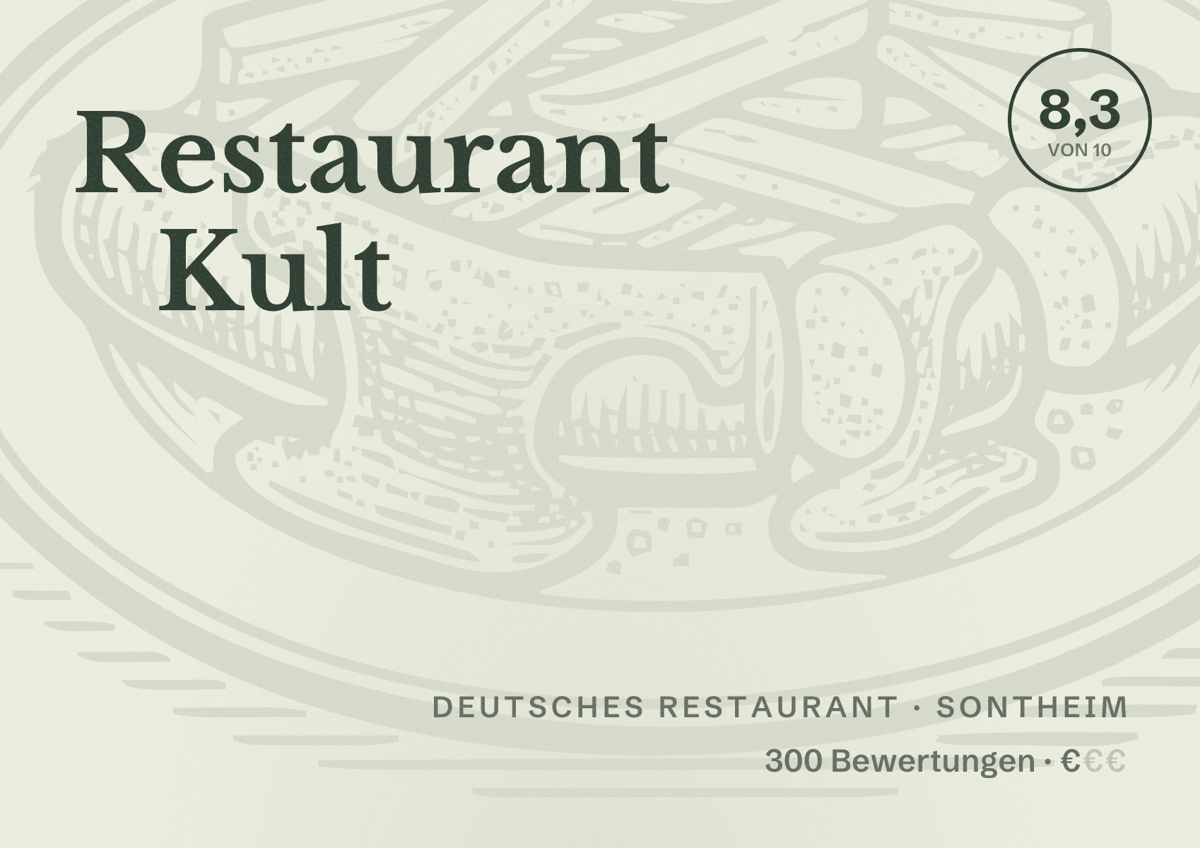 Illustriertes Poster von Restaurant Kult, Deutsches Restaurant in Sontheim: Bewertung 8,3 von 10 aus 300 Bewertungen, Preisniveau €