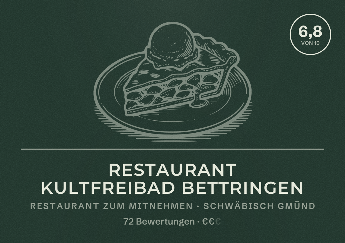 Illustriertes Poster von Restaurant Kultfreibad Bettringen, Restaurant zum Mitnehmen in Schwäbisch Gmünd: Bewertung 6,8 von 10 aus 72 Bewertungen, Preisniveau €€