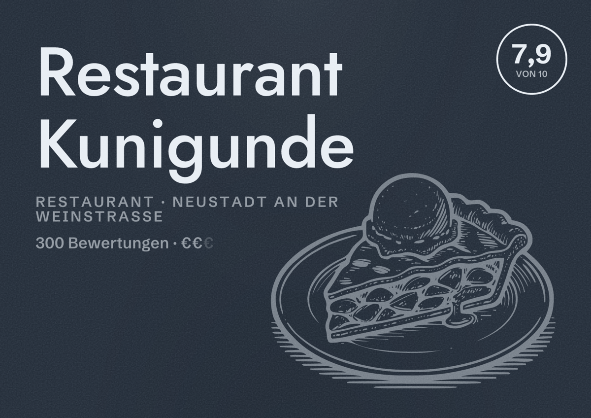 Illustriertes Poster von Restaurant Kunigunde, Restaurant in Neustadt an der Weinstraße: Bewertung 7,9 von 10 aus 300 Bewertungen, Preisniveau €€