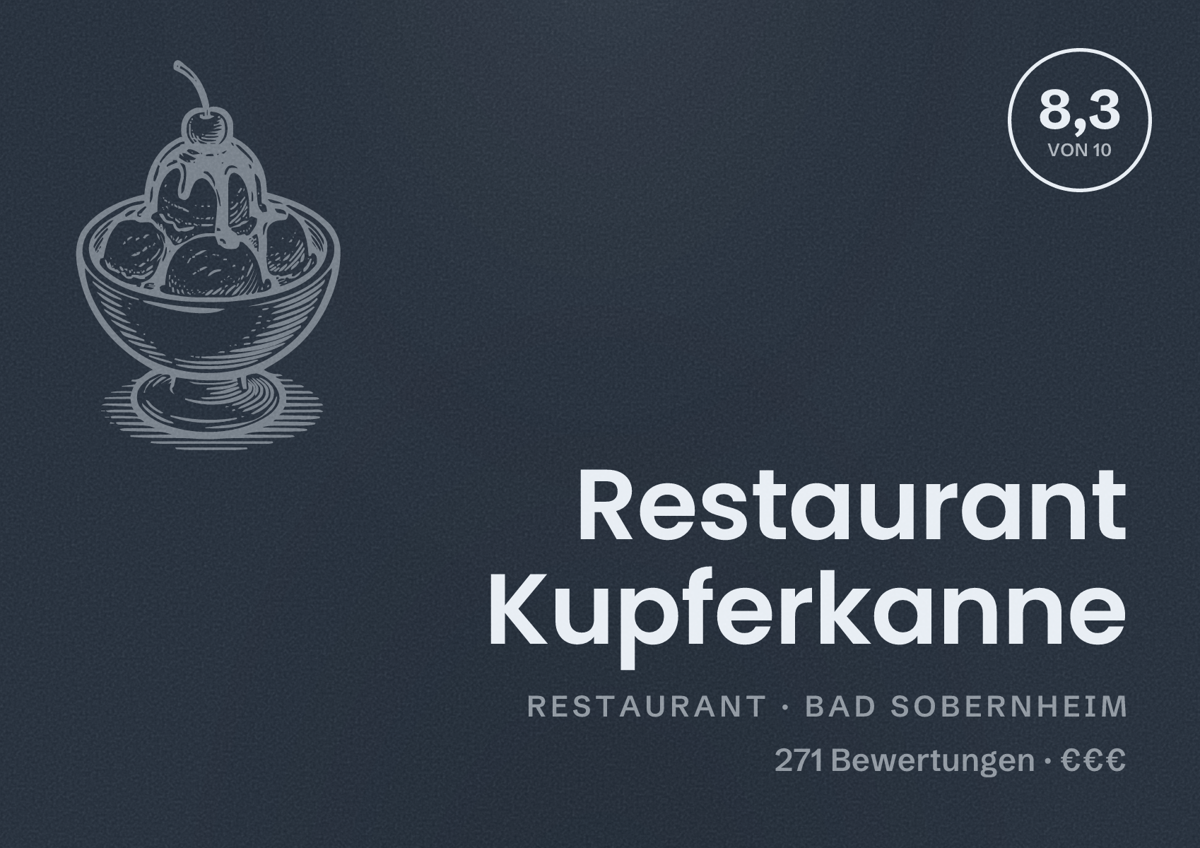 Illustriertes Poster von Restaurant Kupferkanne, Restaurant in Bad Sobernheim: Bewertung 8,3 von 10 aus 271 Bewertungen, Preisniveau €€€
