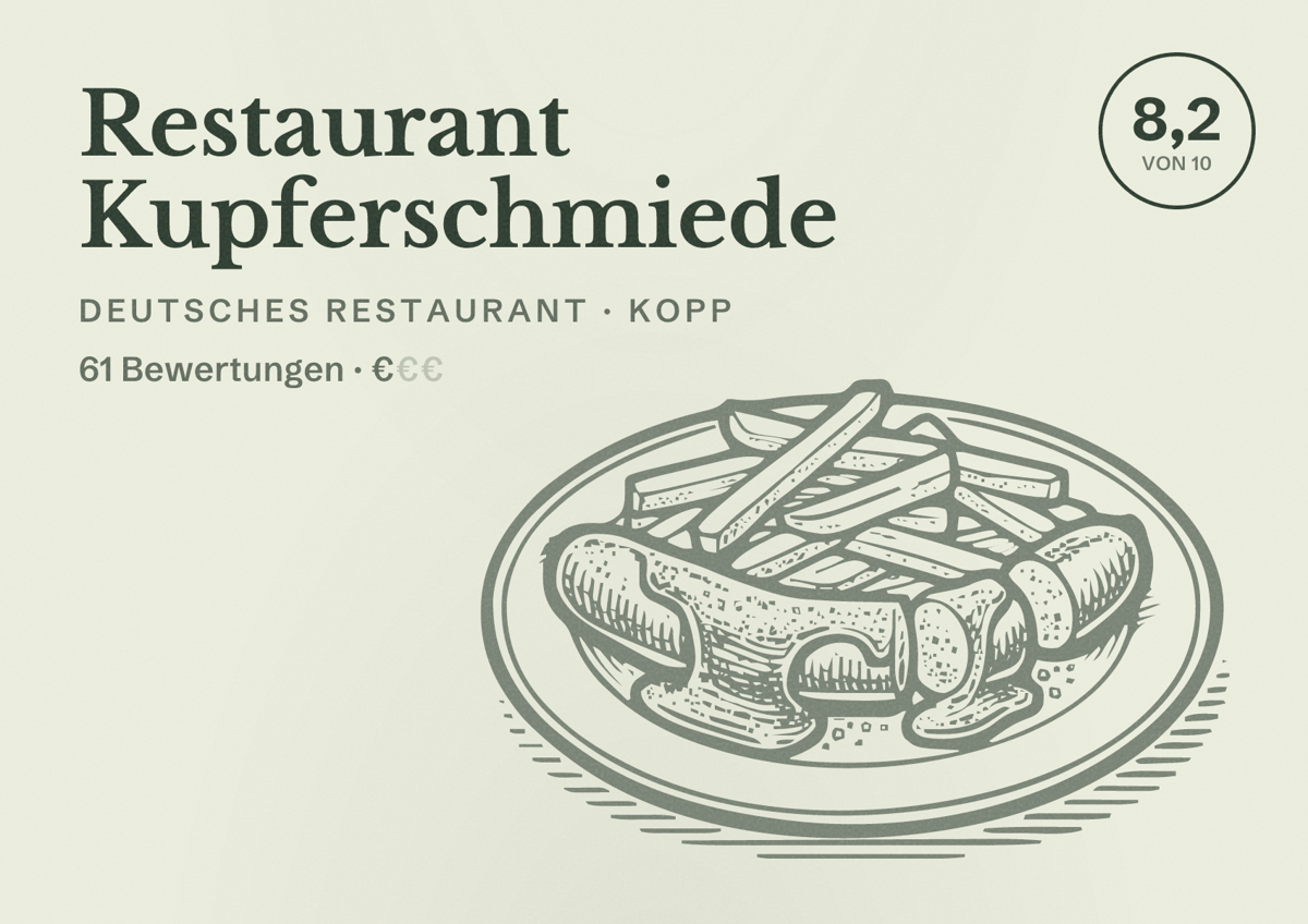 Illustriertes Poster von Restaurant Kupferschmiede, Deutsches Restaurant in Kopp: Bewertung 8,2 von 10 aus 61 Bewertungen, Preisniveau €