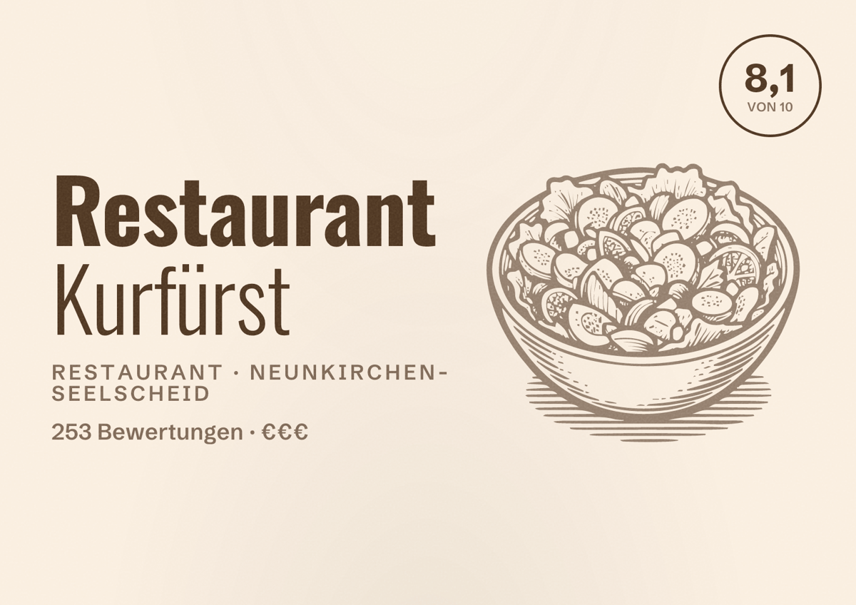 Illustriertes Poster von Restaurant Kurfürst, Restaurant in Neunkirchen-Seelscheid: Bewertung 8,1 von 10 aus 253 Bewertungen, Preisniveau €€€