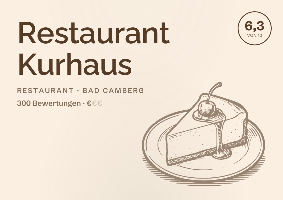 Illustriertes Poster von Restaurant Kurhaus, Restaurant in Bad Camberg: Bewertung 6,3 von 10 aus 300 Bewertungen, Preisniveau €