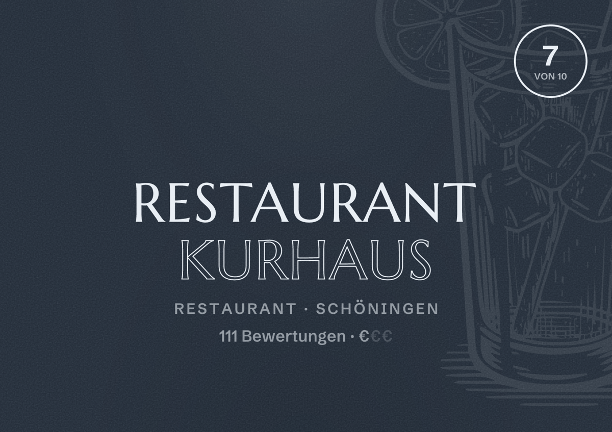 Illustriertes Poster von Restaurant Kurhaus, Restaurant in Schöningen: Bewertung 7 von 10 aus 111 Bewertungen, Preisniveau €