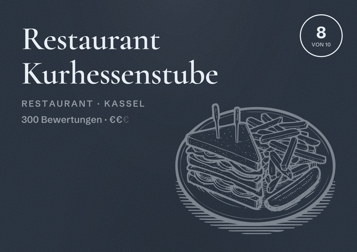 Illustriertes Poster von Restaurant Kurhessenstube, Restaurant in Kassel: Bewertung 8 von 10 aus 300 Bewertungen, Preisniveau €€