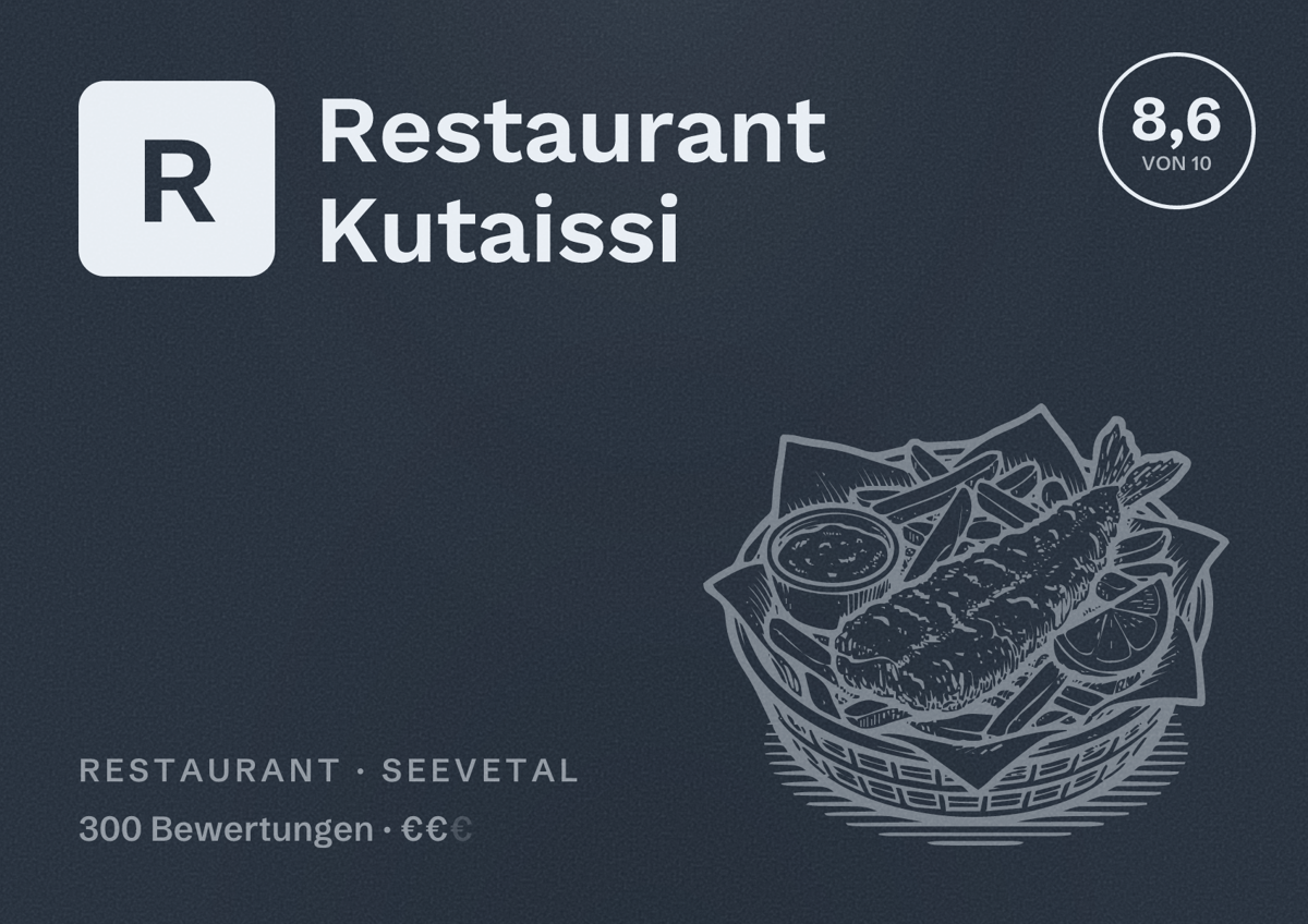Illustriertes Poster von Restaurant Kutaissi, Restaurant in Seevetal: Bewertung 8,6 von 10 aus 300 Bewertungen, Preisniveau €€