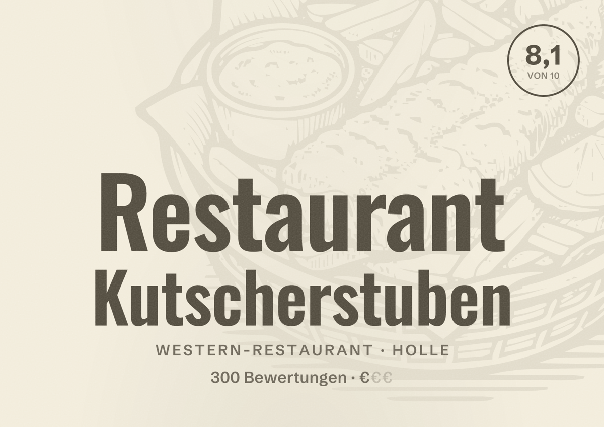 Illustriertes Poster von Restaurant Kutscherstuben, Western-Restaurant in Holle: Bewertung 8,1 von 10 aus 300 Bewertungen, Preisniveau €