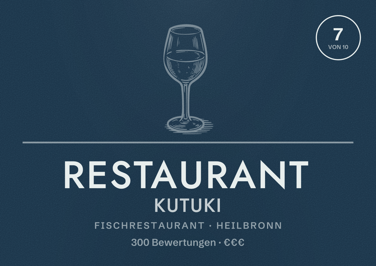 Illustriertes Poster von Restaurant Kutuki, Fischrestaurant in Heilbronn: Bewertung 7 von 10 aus 300 Bewertungen, Preisniveau €€€