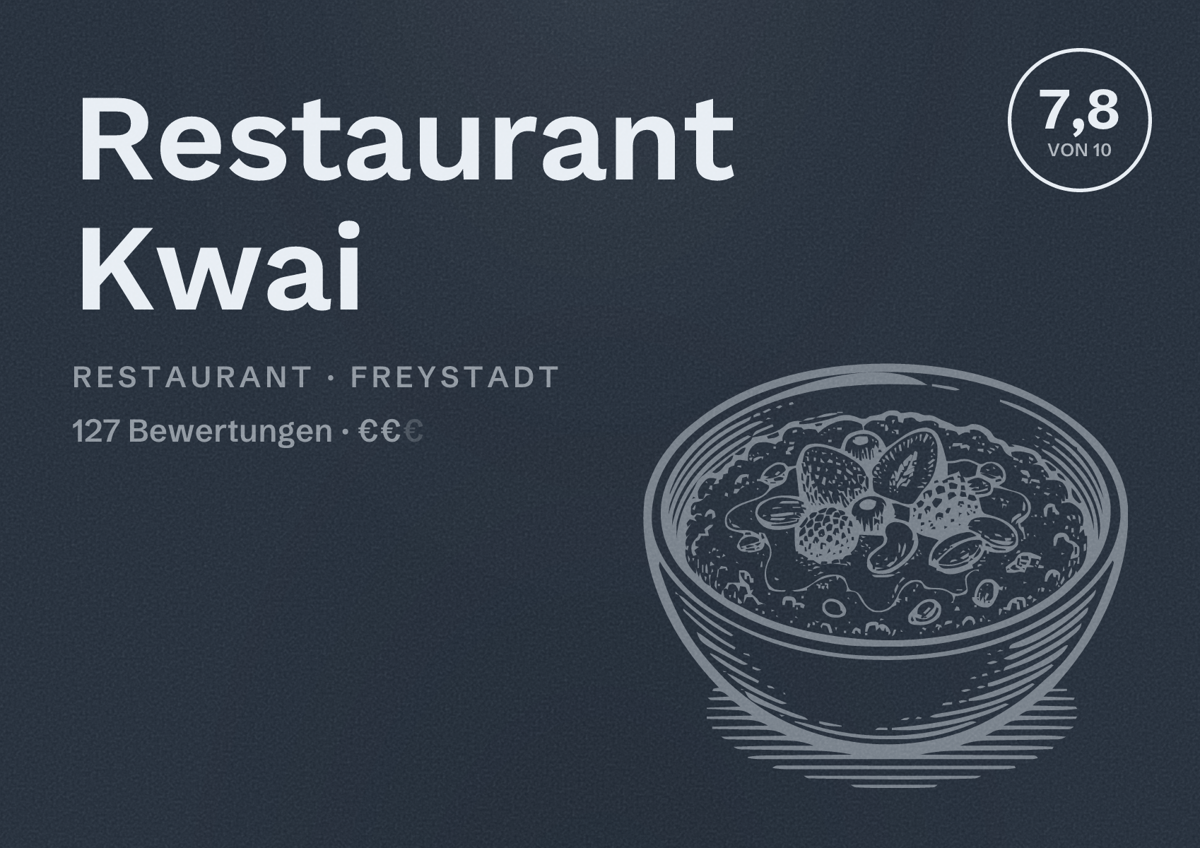 Illustriertes Poster von Restaurant Kwai, Restaurant in Freystadt: Bewertung 7,8 von 10 aus 127 Bewertungen, Preisniveau €€