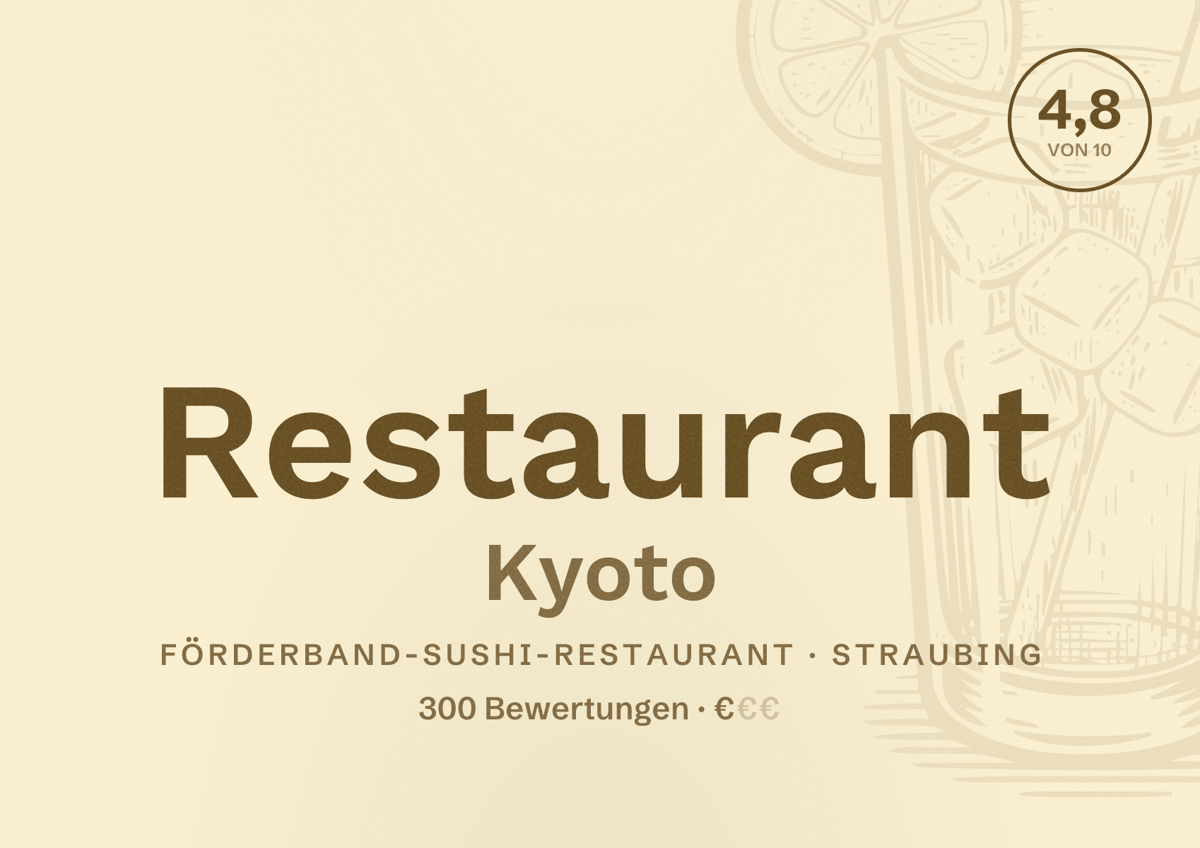 Illustriertes Poster von Restaurant Kyoto, Förderband-Sushi-Restaurant in Straubing: Bewertung 4,8 von 10 aus 300 Bewertungen, Preisniveau €