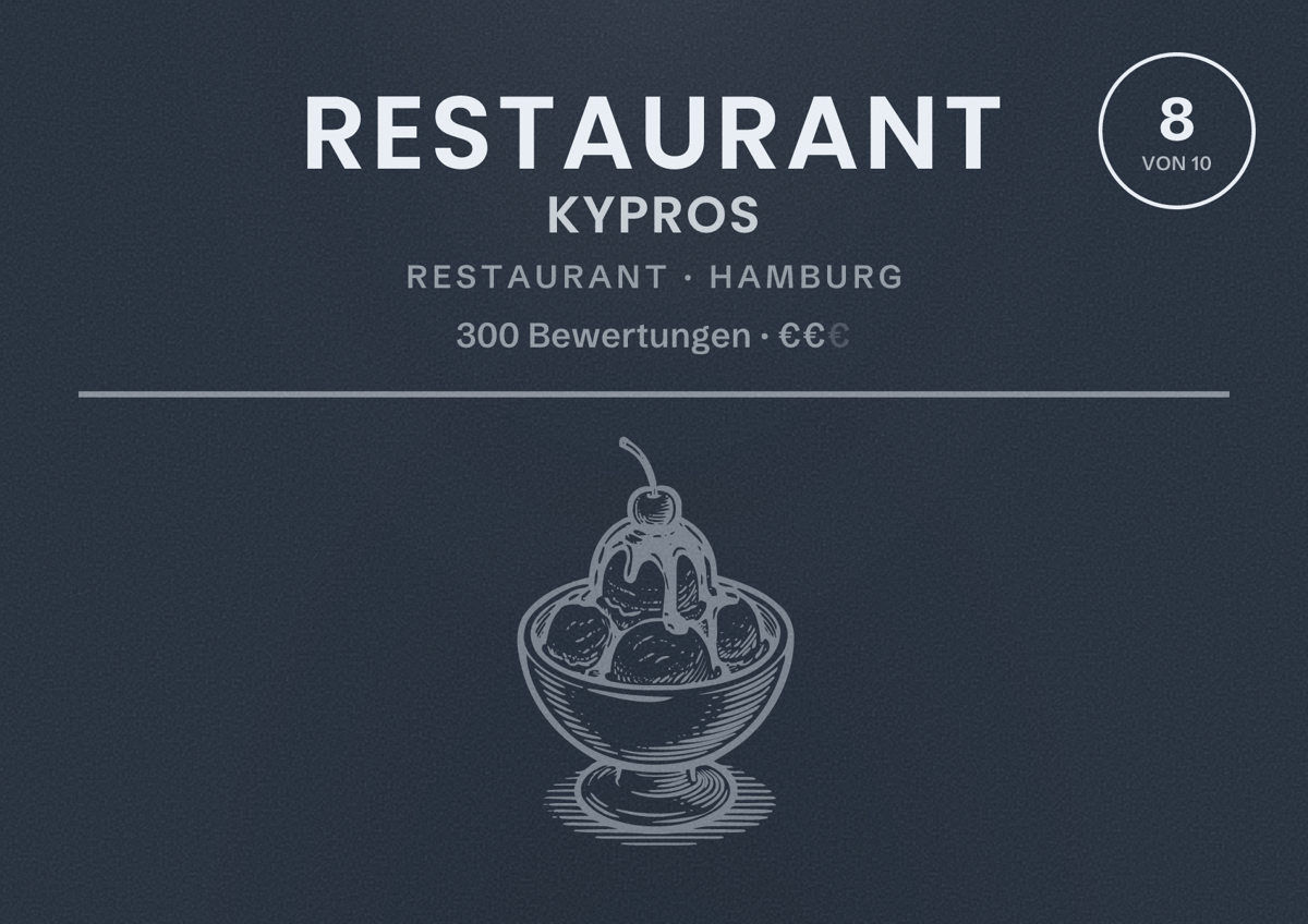 Illustriertes Poster von Restaurant Kypros, Restaurant in Hamburg: Bewertung 8,0 von 10 aus 300 Bewertungen, Preisniveau €€
