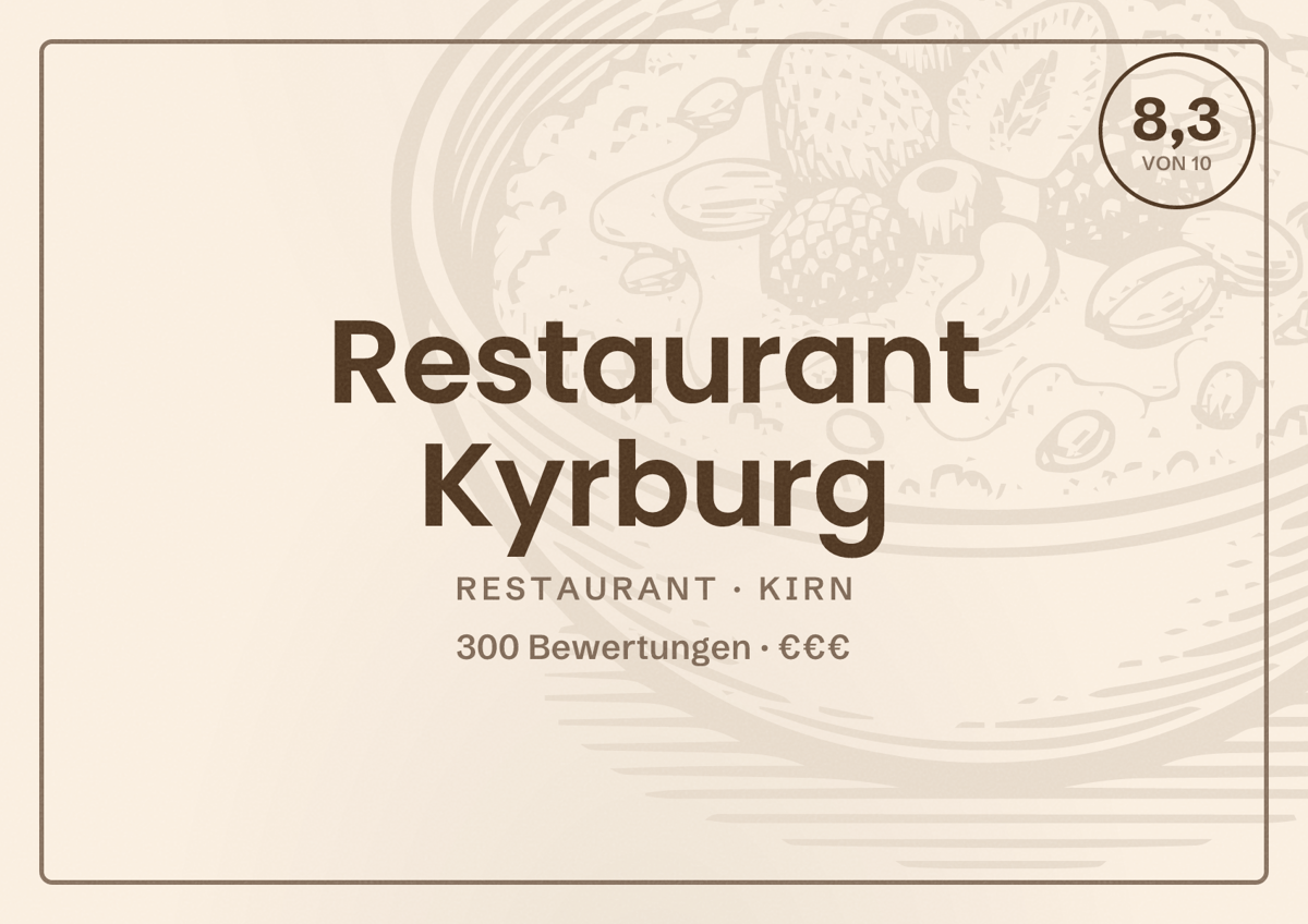 Illustriertes Poster von Restaurant Kyrburg, Restaurant in Kirn: Bewertung 8,3 von 10 aus 300 Bewertungen, Preisniveau €€€