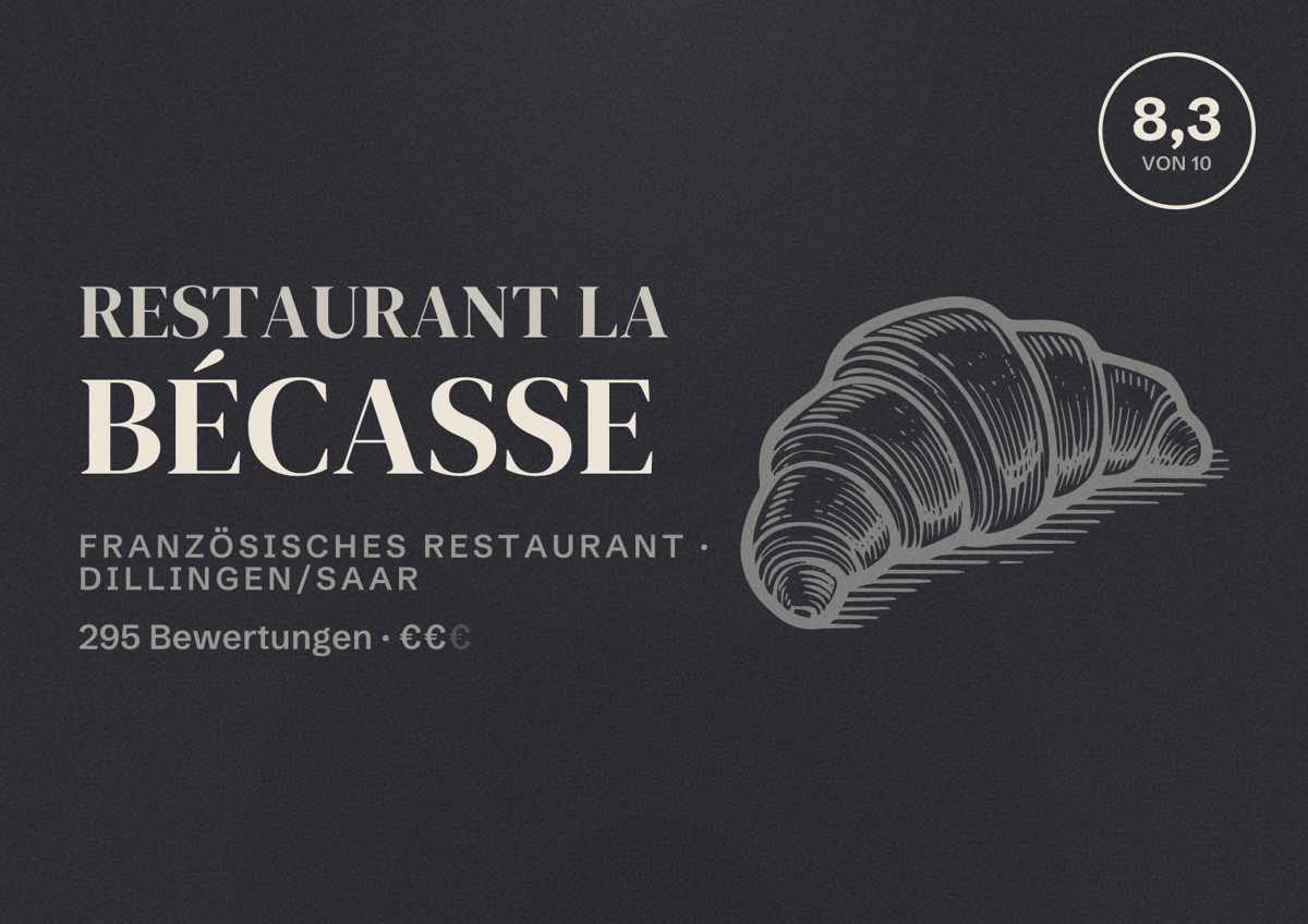 Illustriertes Poster von Restaurant La Bécasse, Französisches Restaurant in Dillingen/Saar: Bewertung 8,3 von 10 aus 295 Bewertungen, Preisniveau €€