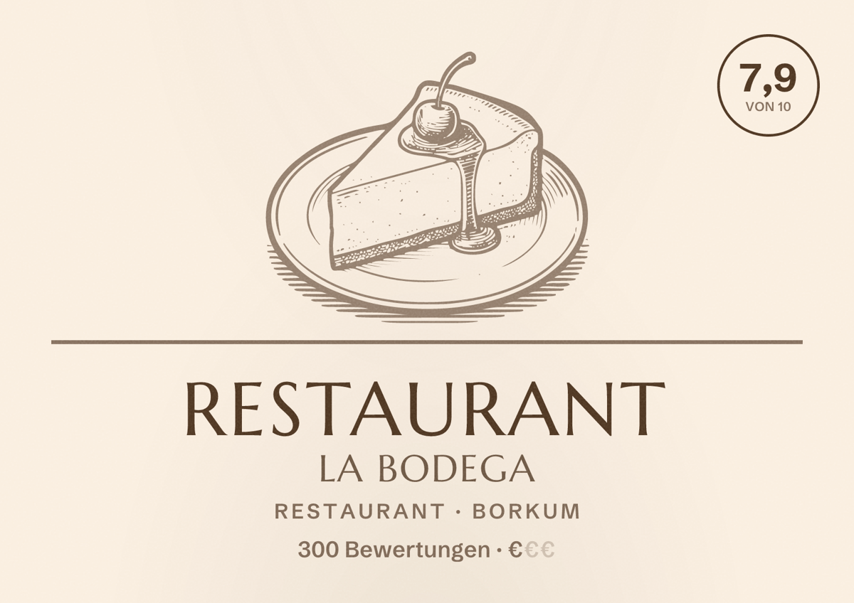 Illustriertes Poster von Restaurant La Bodega, Restaurant in Borkum: Bewertung 7,9 von 10 aus 300 Bewertungen, Preisniveau €
