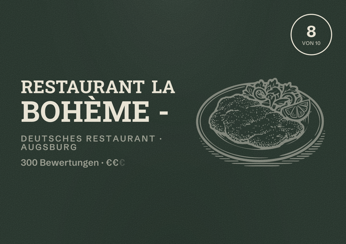 Illustriertes Poster von Restaurant La Bohème -, Deutsches Restaurant in Augsburg: Bewertung 8,0 von 10 aus 300 Bewertungen, Preisniveau €€