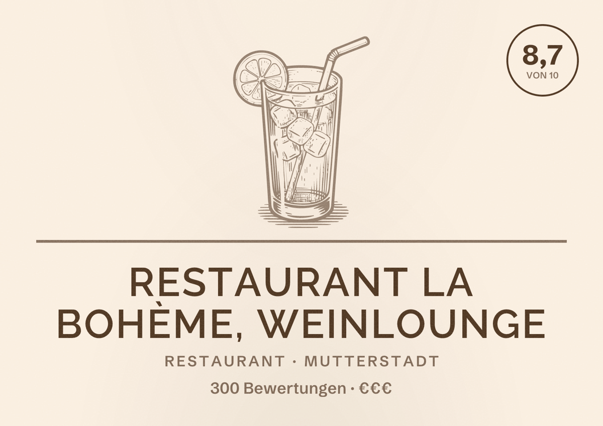 Illustriertes Poster von Restaurant La Bohème, Weinlounge, Restaurant in Mutterstadt: Bewertung 8,7 von 10 aus 300 Bewertungen, Preisniveau €€€